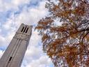 The NC State Memorial Belltower is framed by fall leaves. Photo by Becky Kirkland.