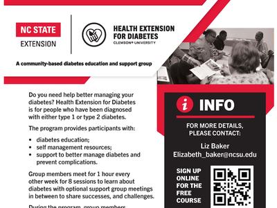 Free Diabetes Education flyer — Health Extension for Diabetes, contact Liz Baker, 252.794.6179