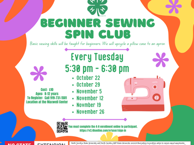 Beginner Sewing Spin Club flyer — Every Tuesday 5:30–6:30pm; Oct 22–Nov 26; ages 8–12; $10