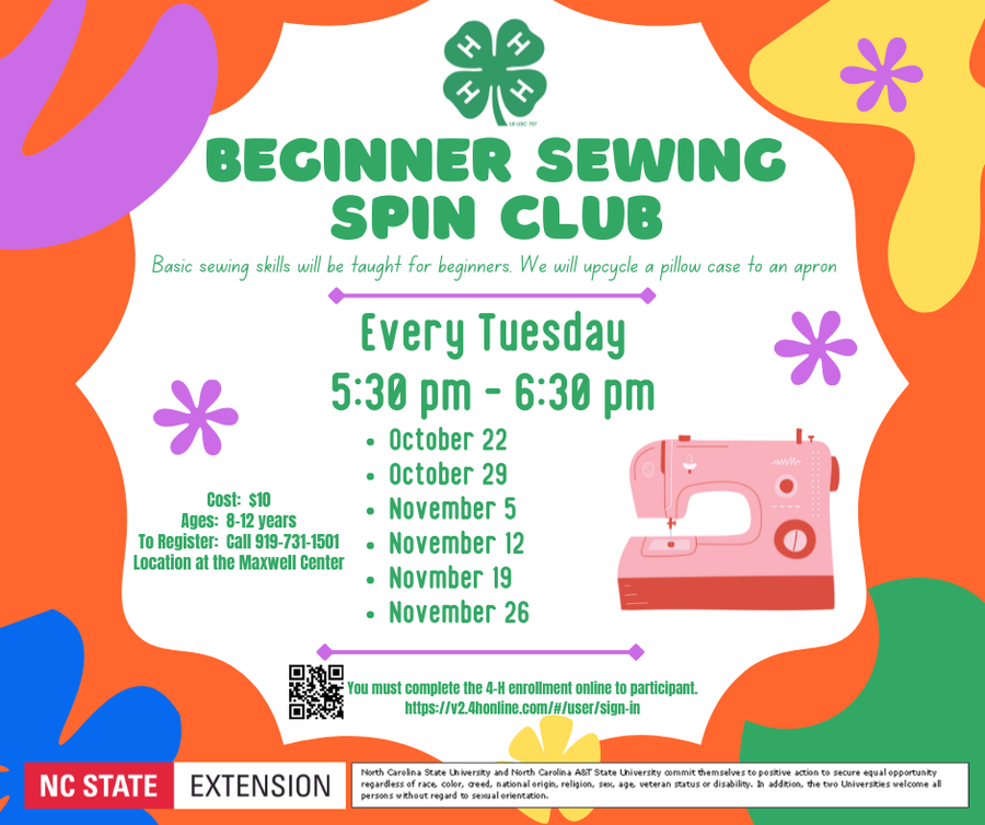 Beginner Sewing Spin Club flyer — Every Tuesday 5:30–6:30pm; Oct 22–Nov 26; ages 8–12; $10