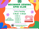 Beginner Sewing Spin Club flyer — Every Tuesday 5:30–6:30pm; Oct 22–Nov 26; ages 8–12; $10