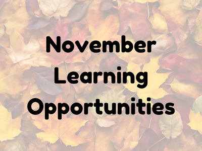 background of fall leaves with the words "November Learning Opportunities"