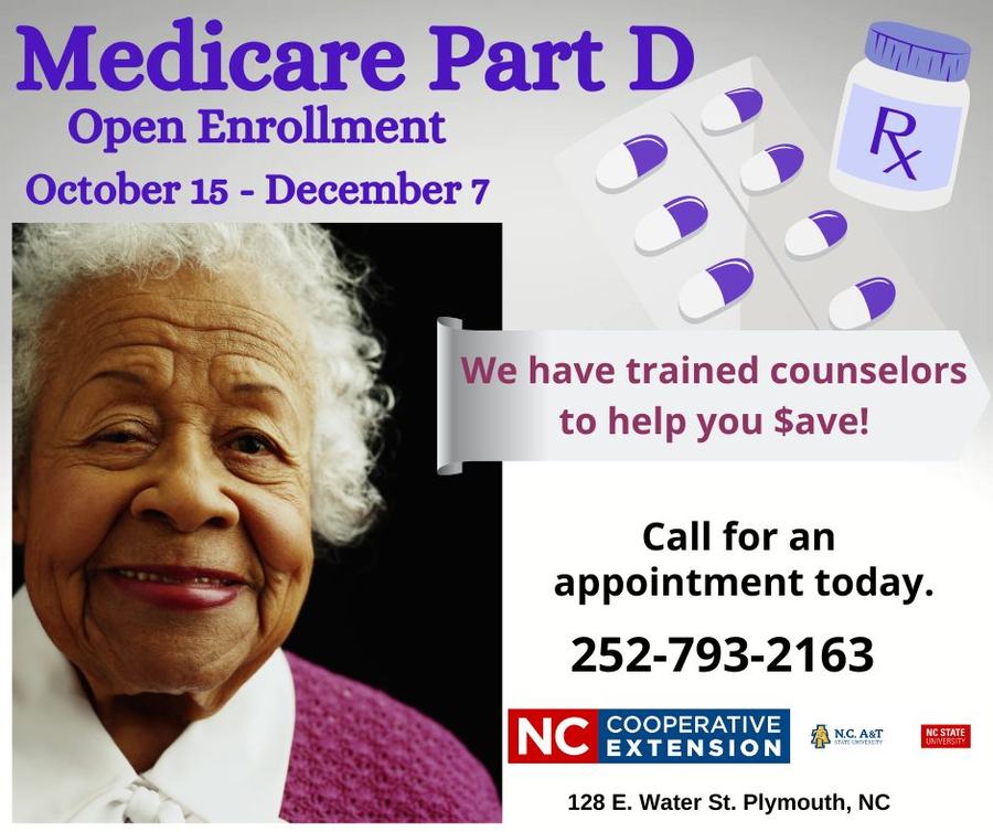 Elderly lady, animated prescription pill pack and bottle, announcement for Medicare open enrollement appointment scheduling