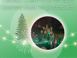 Christmas Parade flyer with light green background, a Christmas tree, the time and date of event and a circle with a picture of last years 4-H Christmas float with 6 kids on it