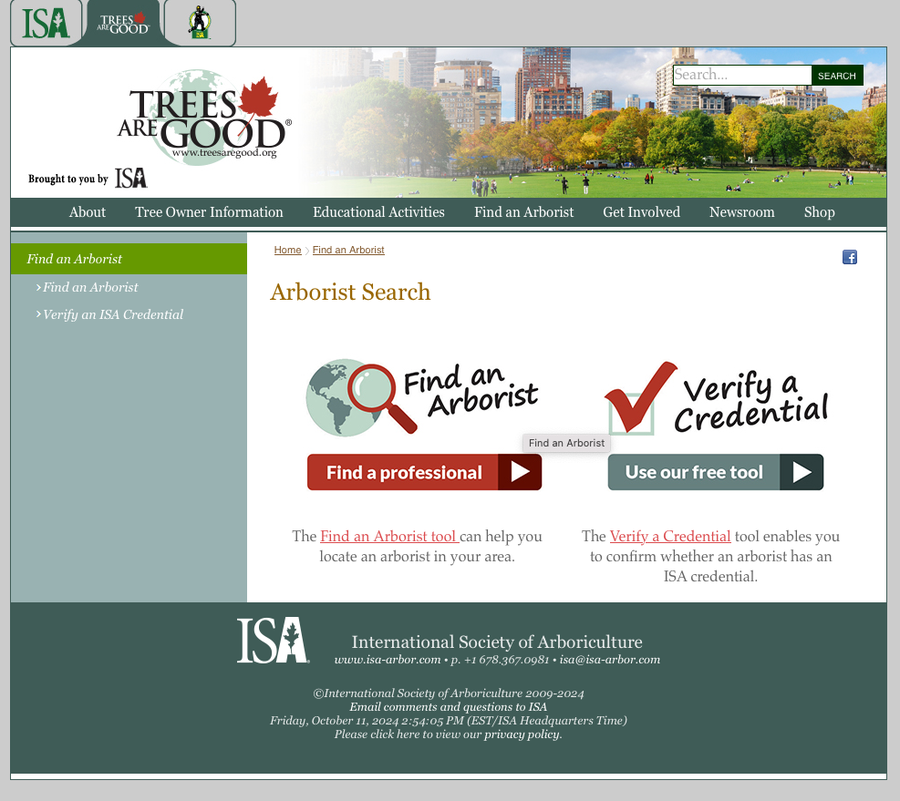Screenshot of the TreesAreGood Arborist Search