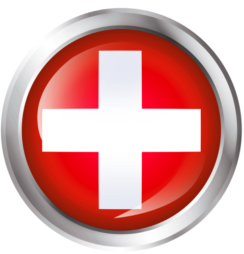 Red glossy circular button with a white Swiss-style cross and a silver rim
