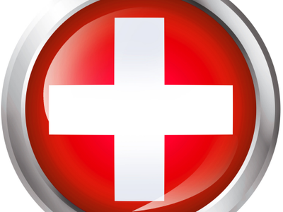 Red glossy circular button with a white Swiss-style cross and a silver rim