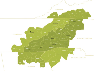 A map showing selected counties in WNC.