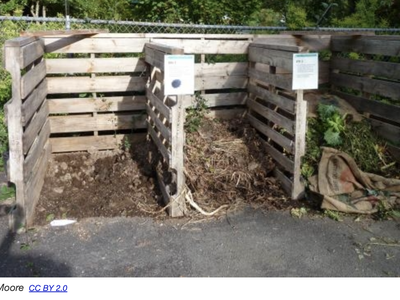 Compost heaps made of wood pallets. 