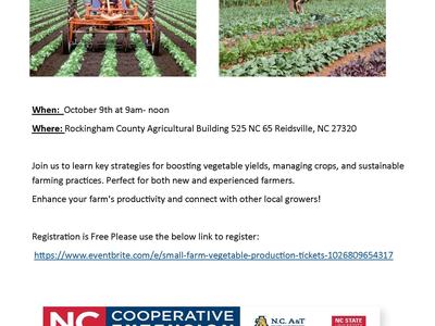 Small Farm Vegetable Production Meeting flyer — Oct 9, 9am–noon; tractor and farmer in vegetable rows
