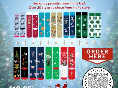 Cherokee County 4-H Holiday Sock Store poster showing sock designs and price $12.95 per pair