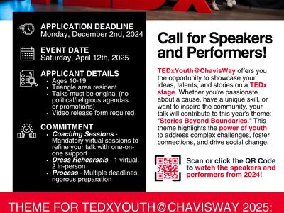 Teens by red TEDx letters; Call for Speakers & Performers; Theme: Stories Beyond Boundaries