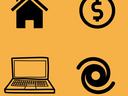 Decorative Icons, house, dollar sign, laptop, hurricane
