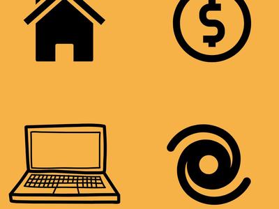 Decorative Icons, house, dollar sign, laptop, hurricane