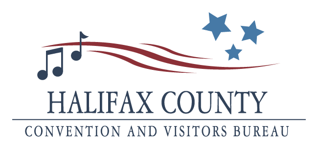 Halifax County Convention and Visitors Bureau logo with musical notes, red swoosh, and blue stars