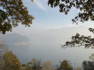 Smoke from forest fires in Western North Carolina obscures the view over the Smoky Mountains.