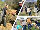 Collage of images of farm workers meeting outdoors and distributing hurricane relief supplies