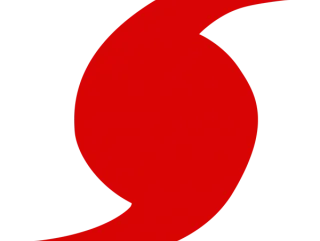 Red stylized hurricane/typhoon symbol formed by two opposing curved shapes