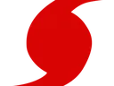 Red stylized hurricane/typhoon symbol formed by two opposing curved shapes