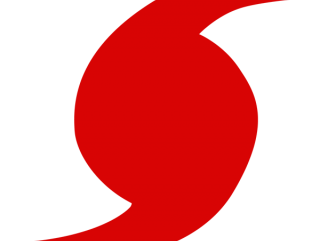 Red stylized hurricane/typhoon symbol formed by two opposing curved shapes