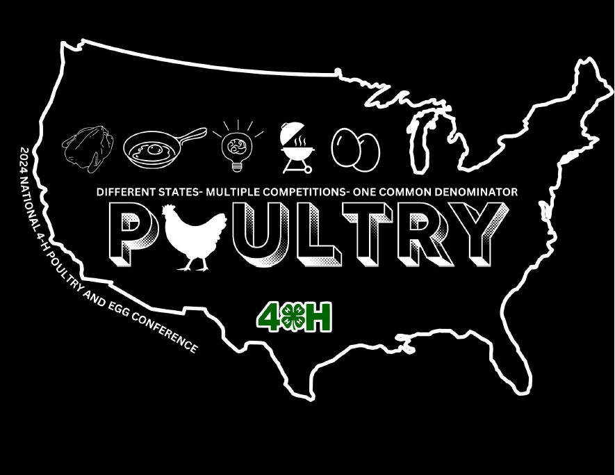 US map outline with word "POULTRY", chicken silhouette, and 4‑H logo