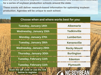 2025 North Carolina Soybean Schools poster with event dates, locations, and QR code