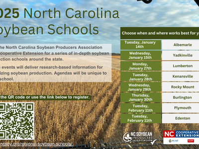 2025 North Carolina Soybean Schools flyer with event dates, locations, and QR code