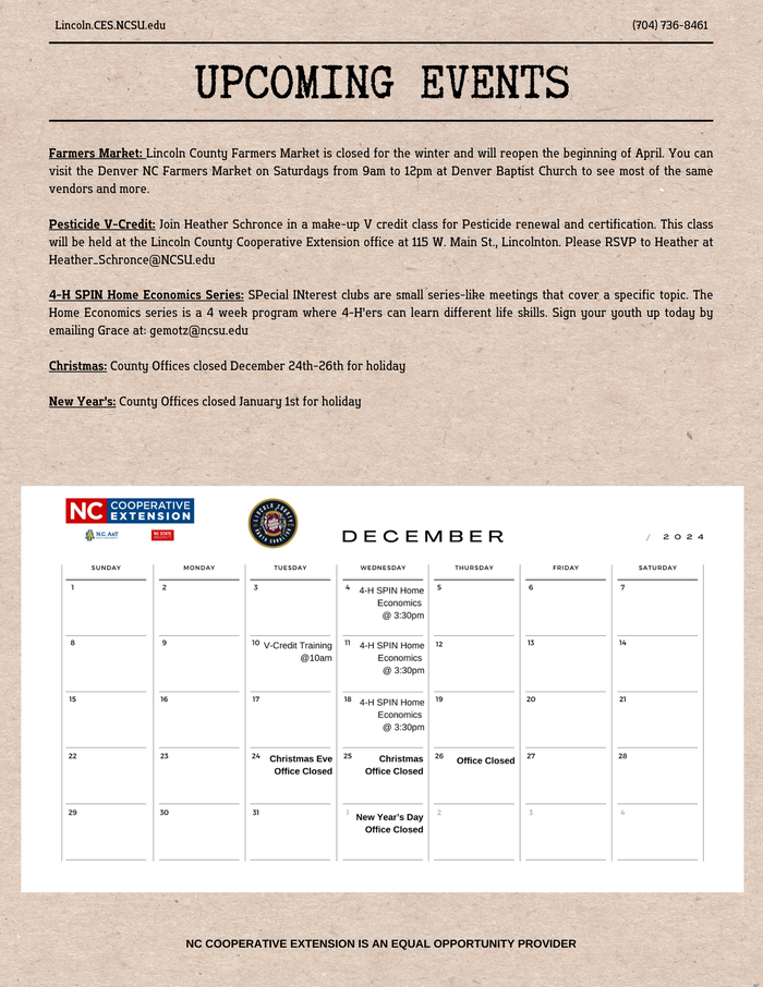 page 4 of December newsletter with calendar of events