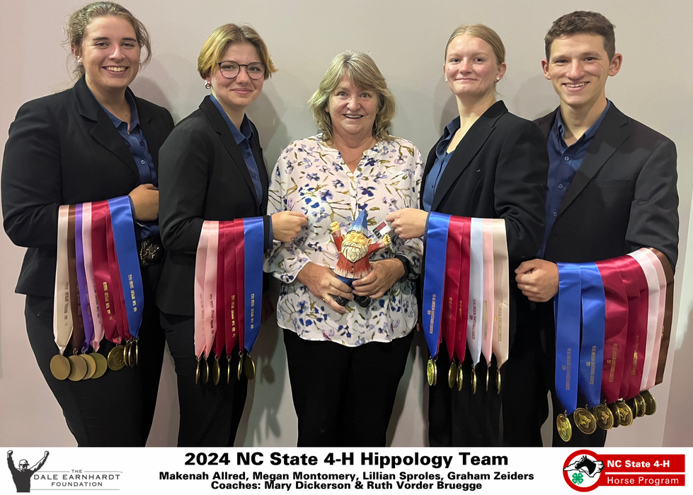 Five people in blazers holding many ribbons and a gnome trophy; text: 2024 NC State 4‑H Hippology Team