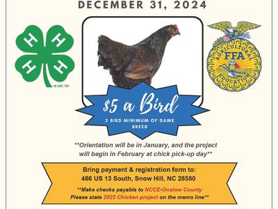 Coastal Plains Chicken Project flyer — registration deadline Dec 31, 2024; $5 a bird