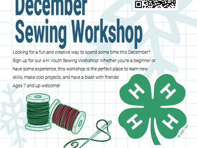 December Sewing Workshop. N.C. Cooperative Extension Logo. 4-H Clover Emblem. Green and red thread spools with needle.