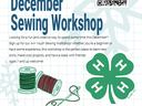 December Sewing Workshop. N.C. Cooperative Extension Logo. 4-H Clover Emblem. Green and red thread spools with needle.