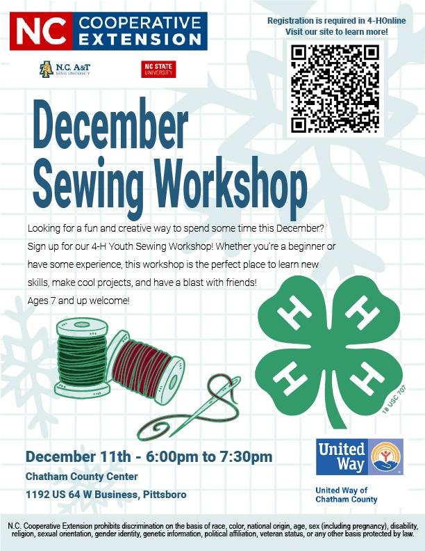 December Sewing Workshop. N.C. Cooperative Extension Logo. 4-H Clover Emblem. Green and red thread spools with needle.