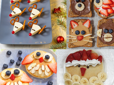 four images of various holiday themed snacks made from a variety of fruits, veggies, whole grains, and nut butters