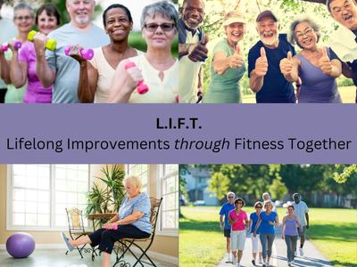 Collage of photos show people of different ages, races, and gender involved in physical activity