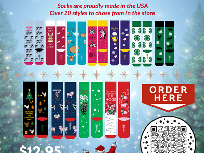 Lincoln County 4-H Holiday Sock Store poster showing sock designs, $12.95 per pair, Order QR