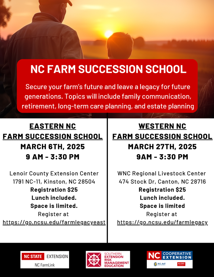 NC Farm Succession School flyer; Eastern NC Mar 6, 2025; Western NC Mar 27, 2025; Reg $25
