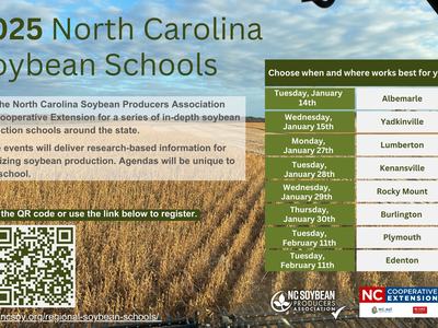 2025 North Carolina Soybean Schools. Join the North Carolina soybean producers association and cooperative extension for a series of in-depth soybean production schools around the state. These events will deliver research-based information for optimizing 