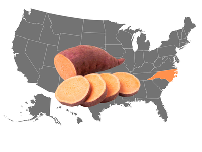 US map with North Carolina highlighted in orange and a sliced sweet potato overlaid