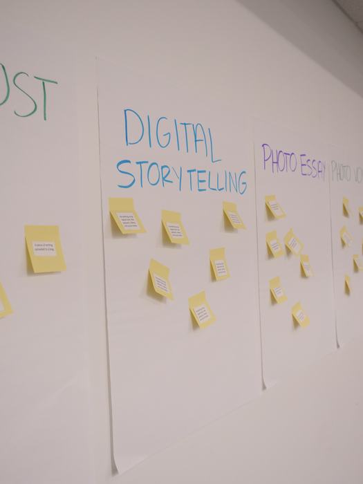 Poster titled DIGITAL STORYTELLING with yellow sticky notes arranged on a white wall