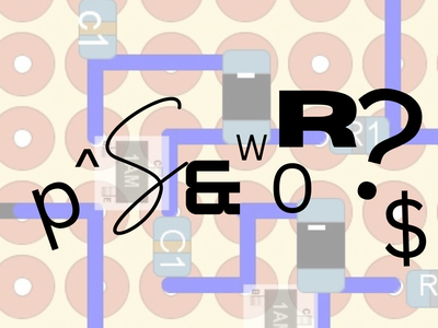 Printed circuit board with blue traces and components overlaid by large black symbols: p S & R ? 0 $