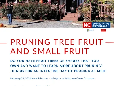 Millstone Creek Orchards building with sign; text reads "PRUNING TREE FRUIT AND SMALL FRUIT, Feb 22, 2025"