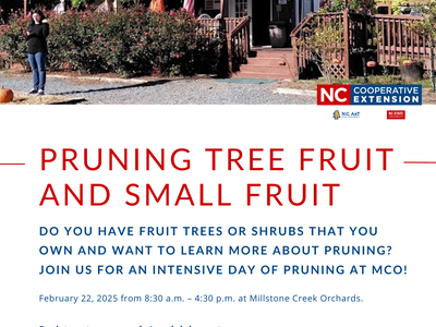 Millstone Creek Orchards building with sign; text reads "PRUNING TREE FRUIT AND SMALL FRUIT, Feb 22, 2025"