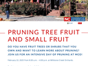 Millstone Creek Orchards building with sign; text reads "PRUNING TREE FRUIT AND SMALL FRUIT, Feb 22, 2025"