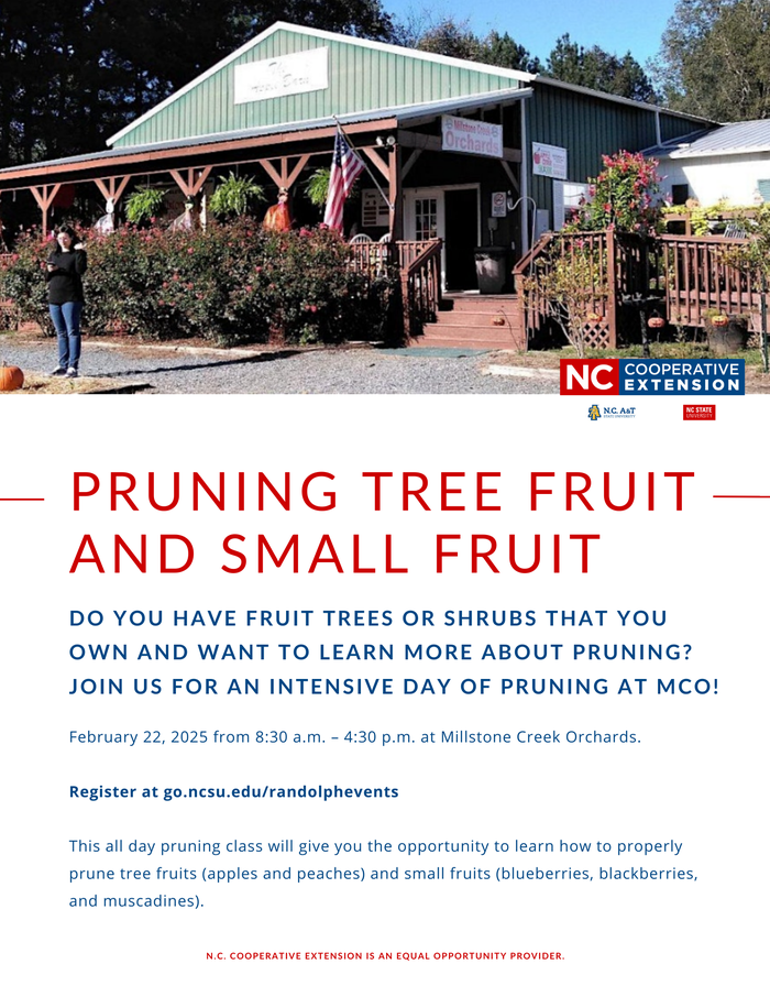 Millstone Creek Orchards building with sign; text reads "PRUNING TREE FRUIT AND SMALL FRUIT, Feb 22, 2025"