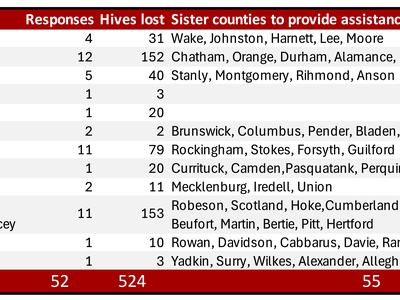 Table of clubs/counties with responses, hives lost, sister counties; totals: 13 responses, 524 hives, 55 counties