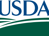 USDA logo with blue letters above stylized green field graphic