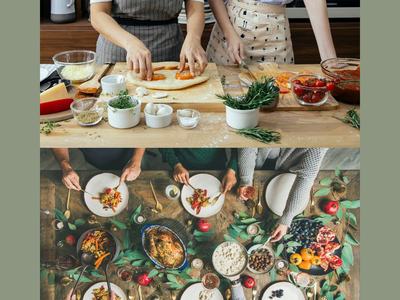 Two people cooking in a kitchen and a table with meal spread on it with people eating meal