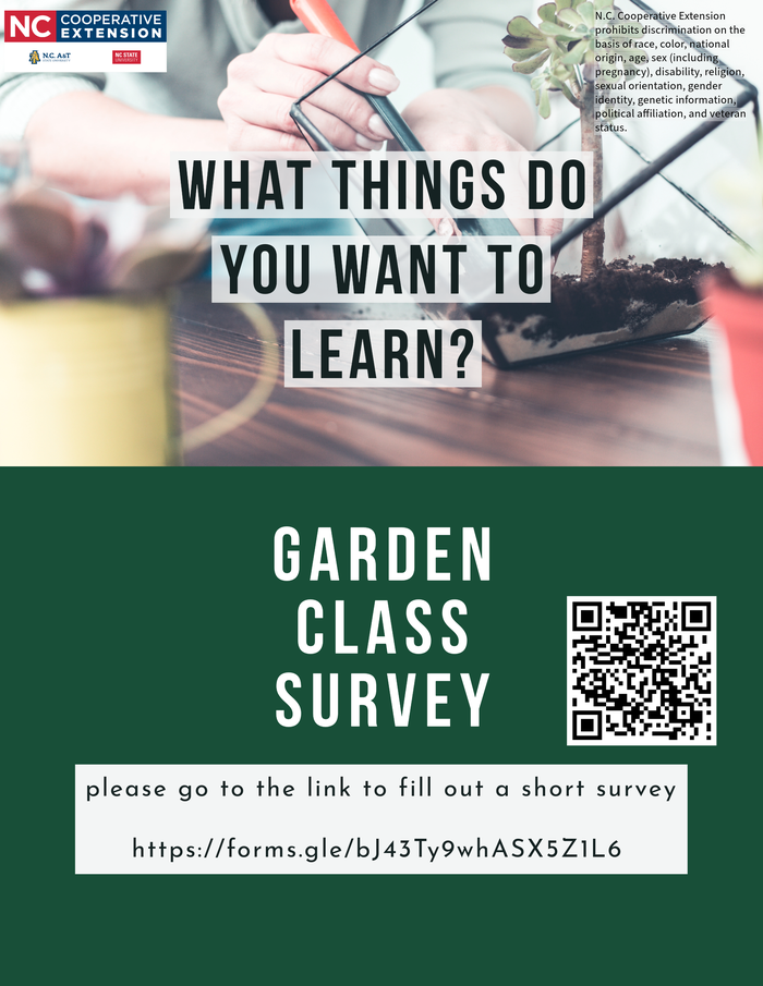 Hands planting succulents; text "What things do you want to learn?" and "Garden Class Survey"