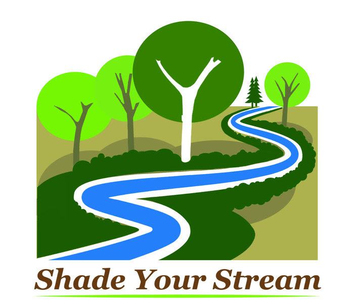 Winding blue stream through trees and bushes; text "Shade Your Stream"